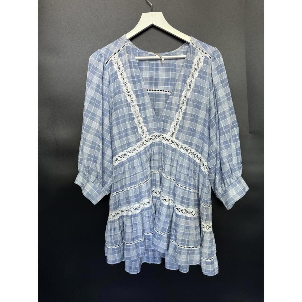 Free People Time Out Lace Tunic Top Dress Blue Eyelet Lace Plaid Sz M